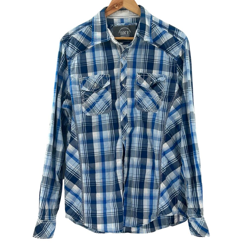 BKE Men's Athletic Fit Pearl Snap Long‎ Roll Tab Sleeve Blue Plaid Shirt Medium